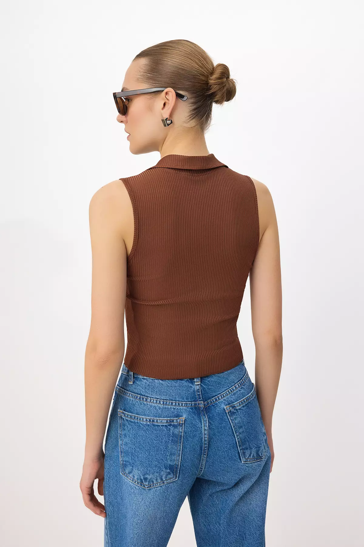 Brown Fitted/Bodycon Polo Neck Crop Stretchy Knitted Blouse Twoss22Bz335