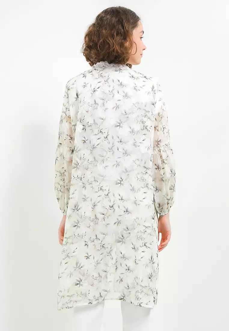 Lantern Sleeve Diamond Detail Lace Trimmed Flo Print Jacq Outer