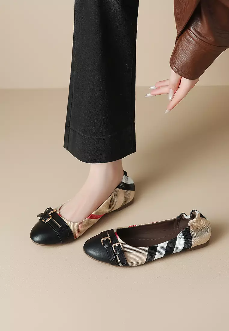 Buckle Plaid Faux Leather Flat Ballerinas WW955-5