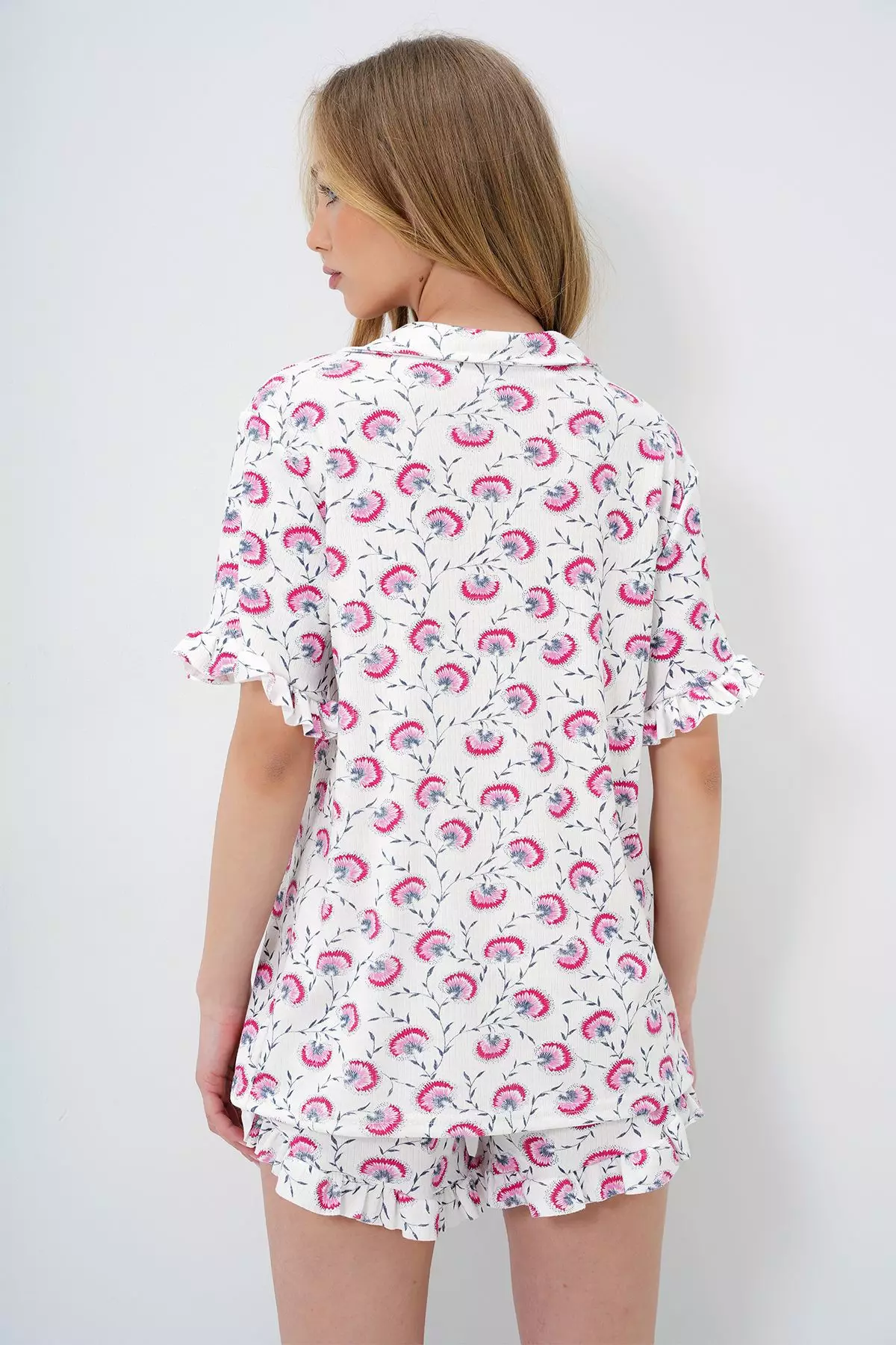 Red Single Pocket Sleeves And Legs Ruffled Cotton Shirt And Shorts Pajama Set Pjm-X13896