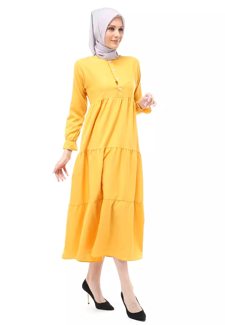Alvia Gamis Rempel Panjang Wanita Motif Polos Long Sleeve Regular Fit - Mustard