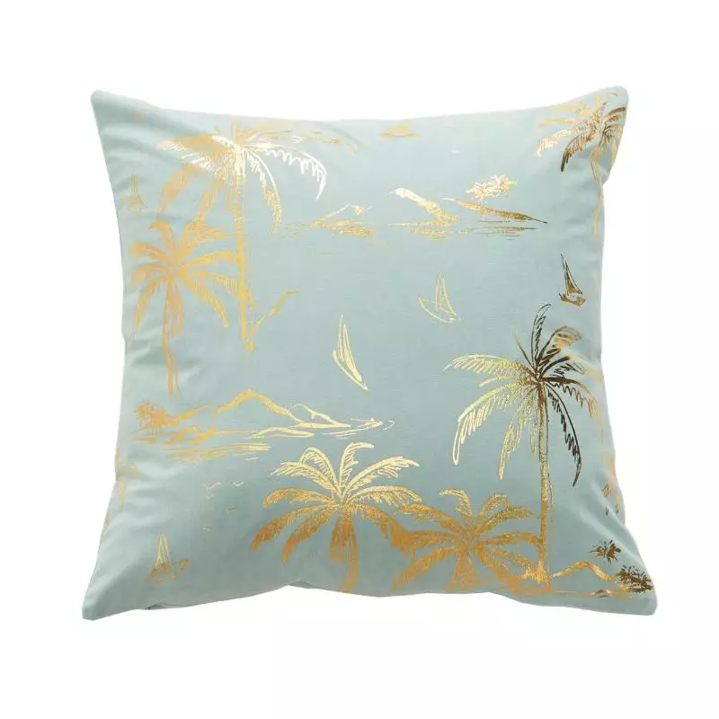Palm Tree Gold Print Cushion Cover (Light blue)