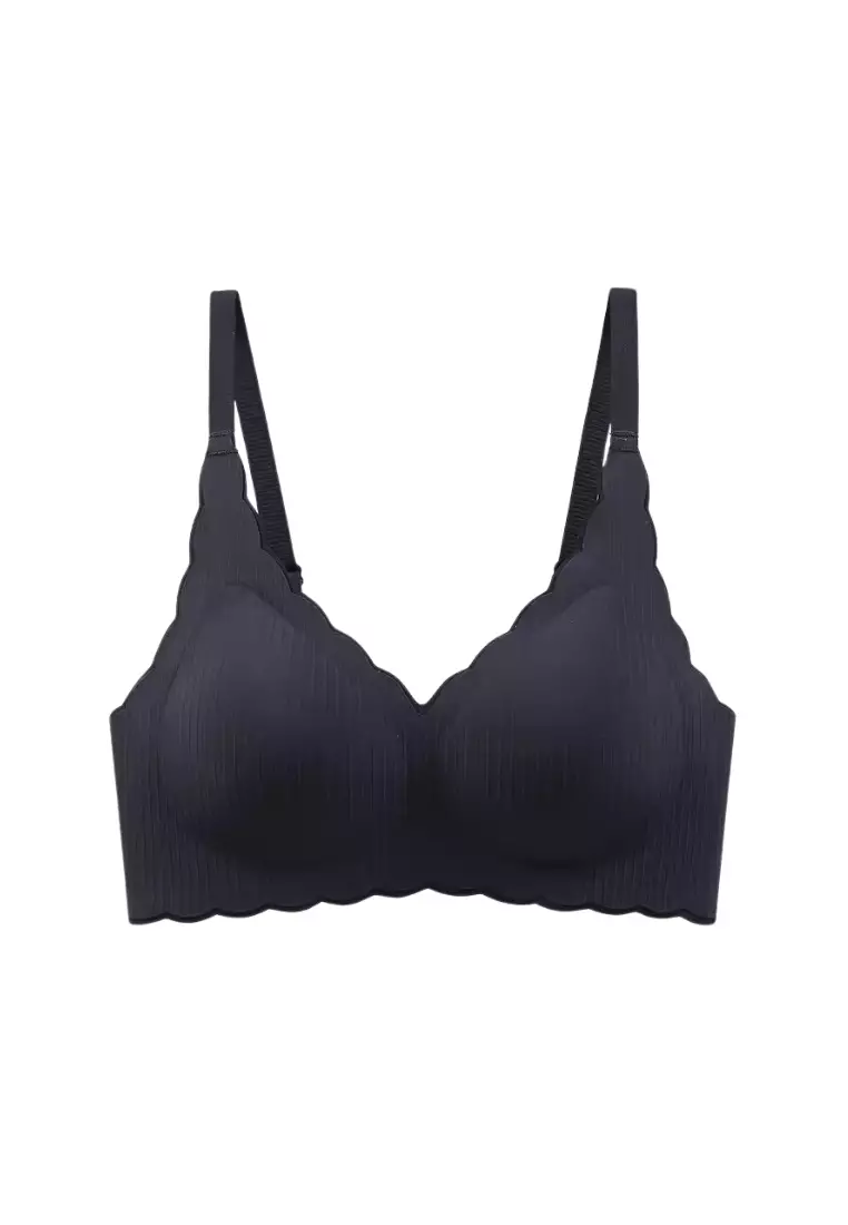 Premium Martha Scallop Seamless Wireless Push Up Bra in Black