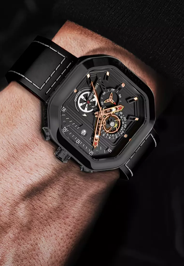 Unisex Chronograph Octogonal IP Black Stainless Steel Quartz Watch on Black Leather Strap