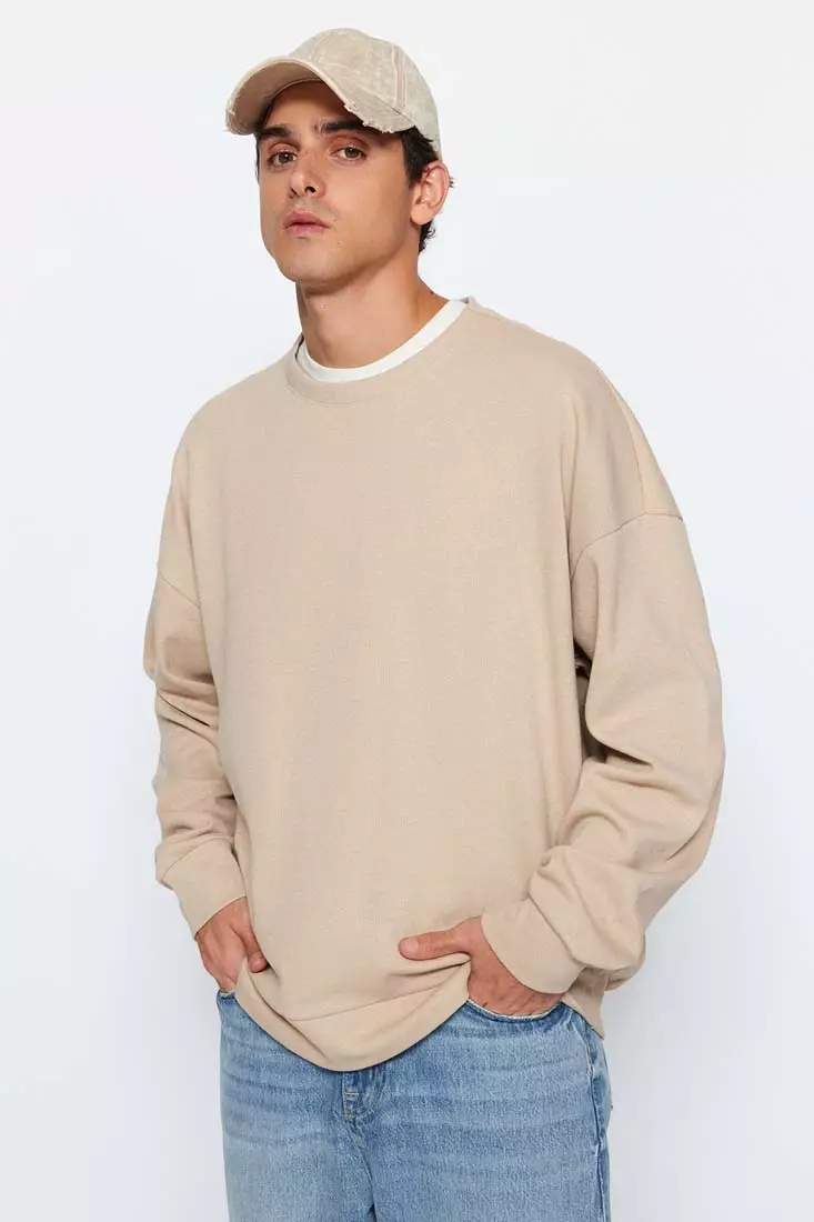 Beige Men s Basic Oversize Wide Cut Crew Neck Soft Brushed Thessaloniki Sweatshirt