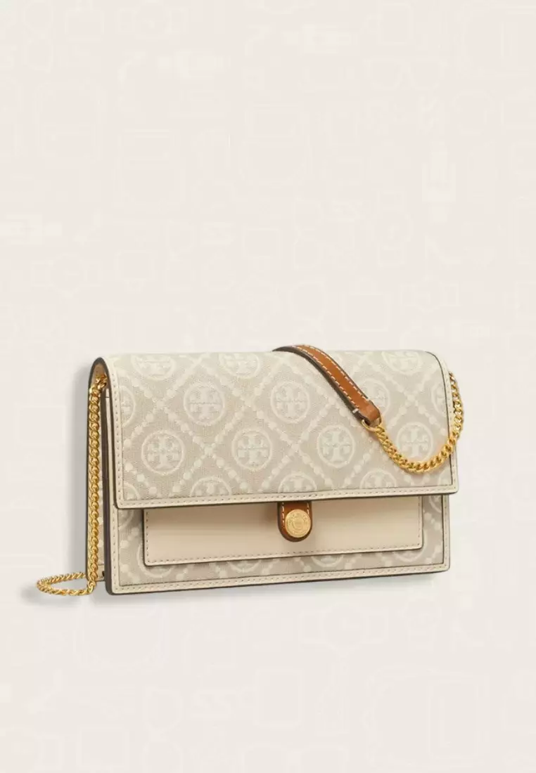Tory Burch T Monogram Chain Wallet Ivory