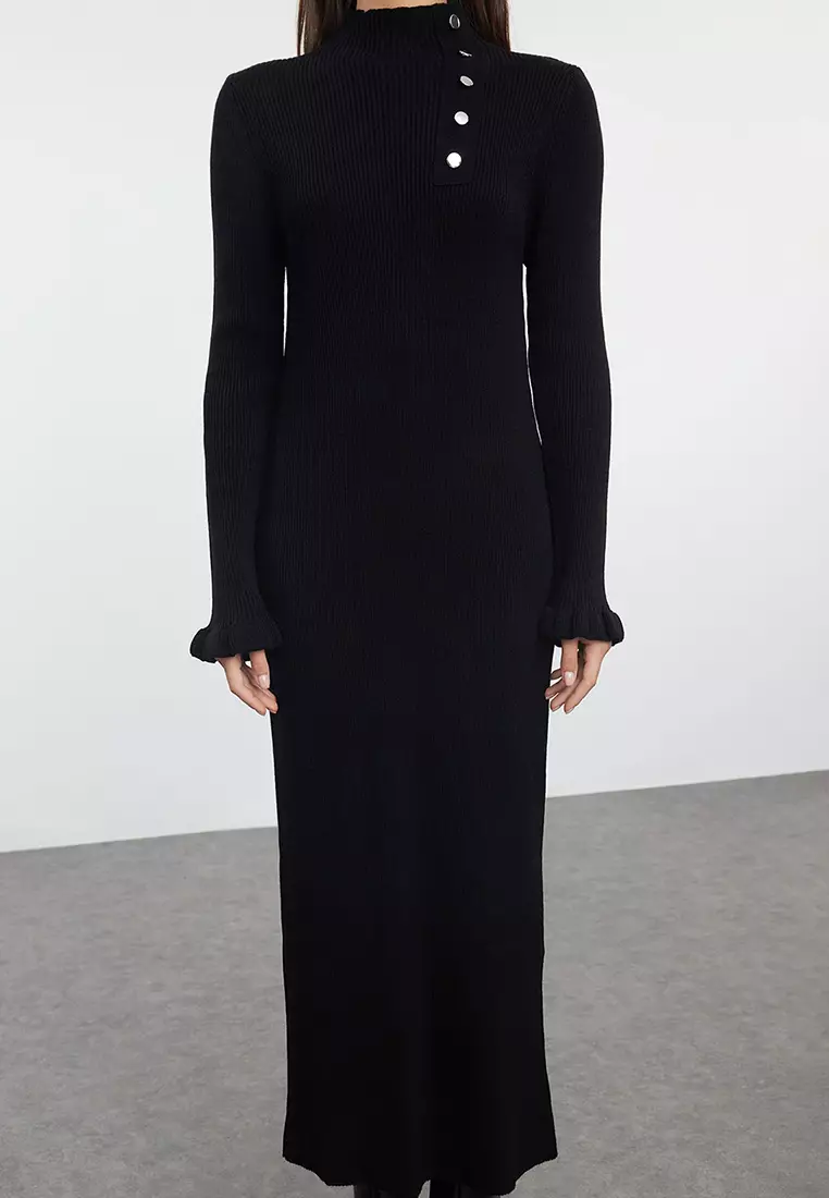 Black Accessory Buttoned Rib Knit Dress TCTAW25EB00018
