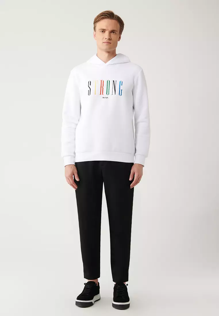 Men's White Hooded 3 Thread Raised Embroidered Sweatshirt A32Y1380