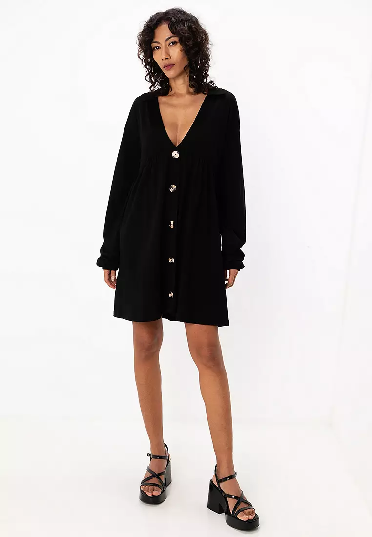 Long Sleeve Mini Smock Dress with Buttons