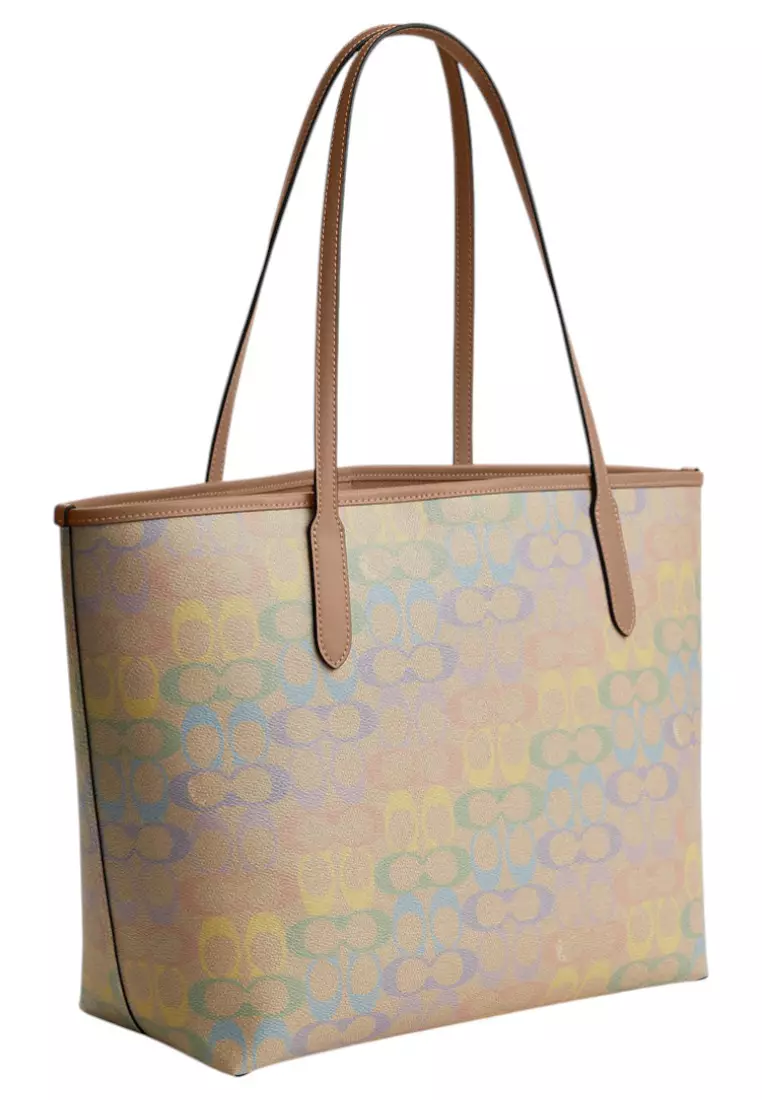 City Tote Bag In Rainbow Signature Canvas - Sand/Multi