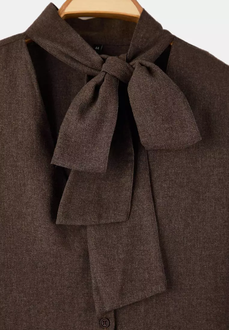 Special Collection Brown Binding Detailed Woven Oversize Blouse Tbbaw26Af00037