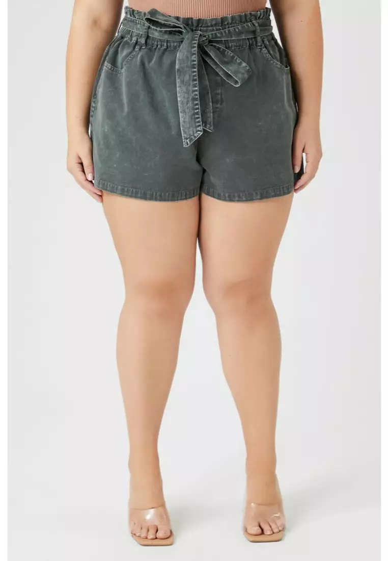 Plus Size Tie Waist Paperbag Shorts