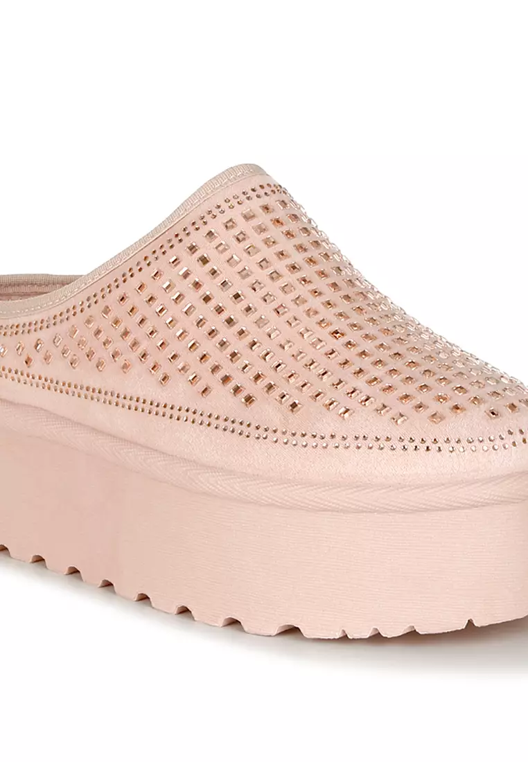 Pink Rhinestones Embellished Platform Classic Slip-On