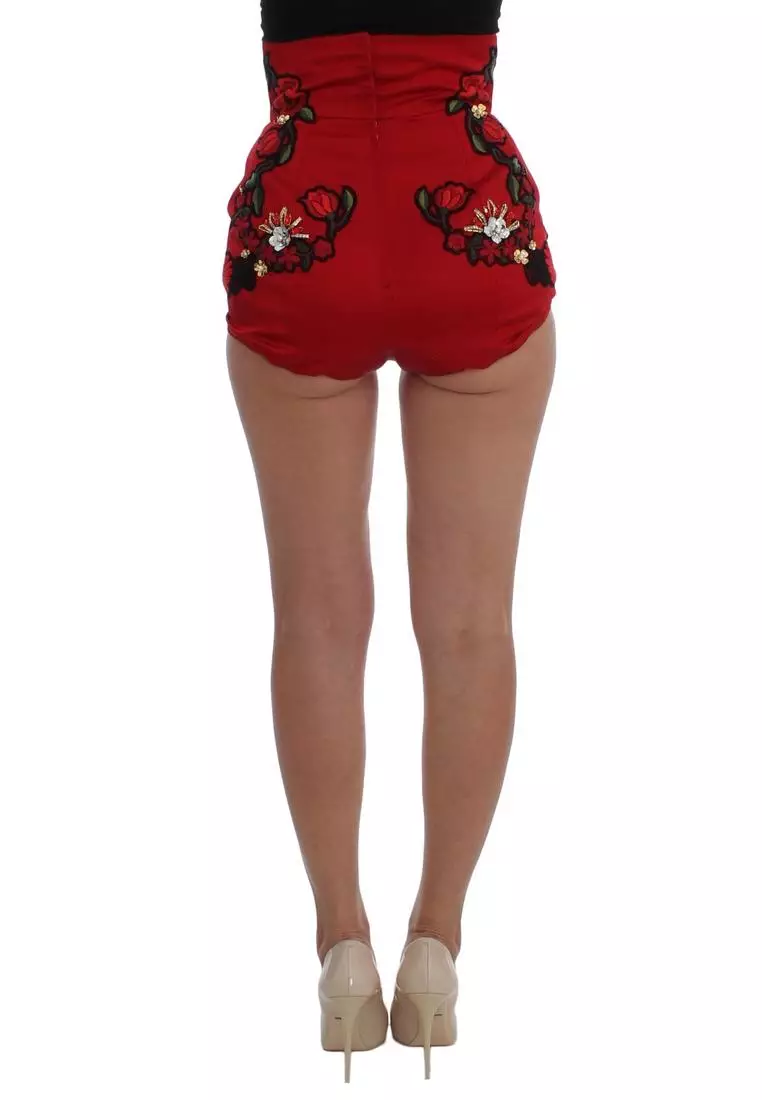 Buy Dolce Gabbana Dolce Gabbana Red Silk Crystal Roses Shorts