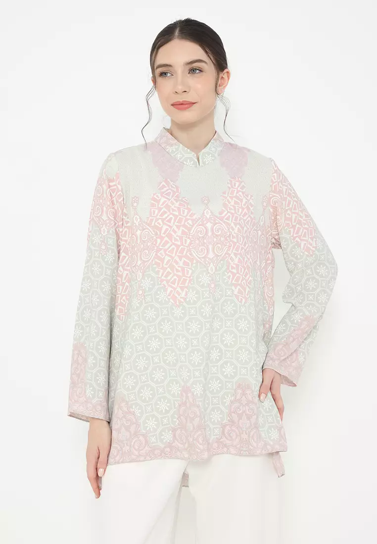 Blouse White Paisley Etnik Pastel Sanghai Neck Arlette By Brilliant Girl Warna Putih