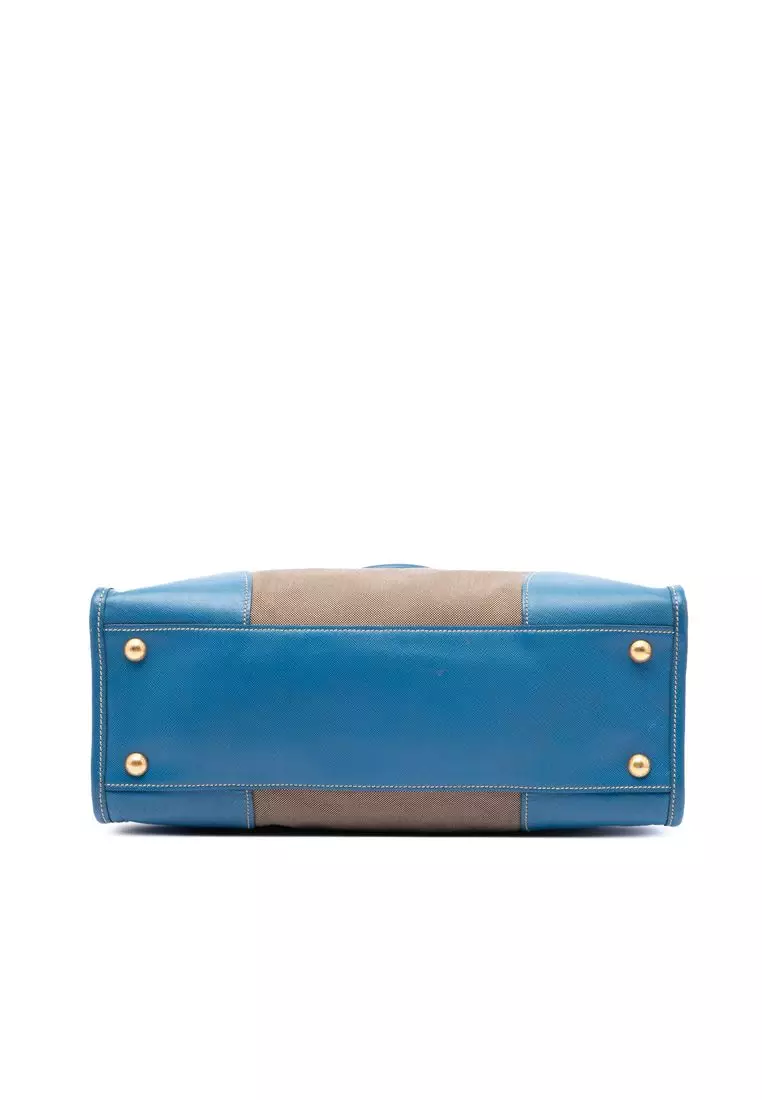 Pre-Loved Prada Saffiano Trimmed Canvas Canapa Logo Double Zip Satchel