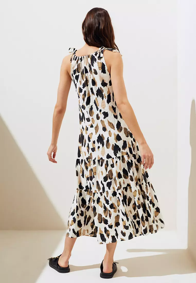 Linen Blend Animal Print Maxi Tiered Dress