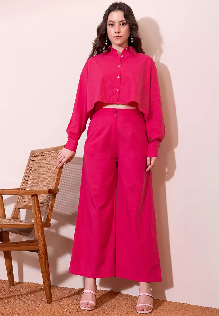 Hot Pink Buttoned Cotton Shirt And Pants Co-ord Set