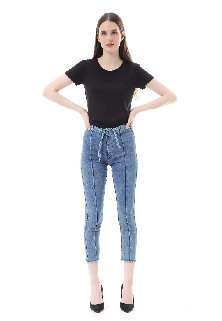 Anita Celana Jeans High Waist Bawahan Wanita Motif Polos Regular Fit - Snow Biru