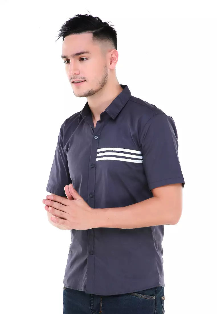 Dwan Atasan Kemeja Pria Three Lines Slim Fit Casual Shortsleeve Shirt Material Cotton ORIGINAL - Gray