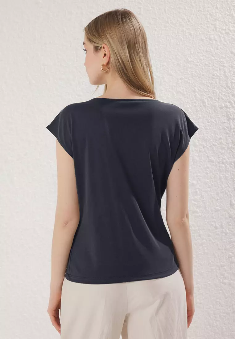 Anthracite Modal Content Double Breasted V Neck Twist Detailed Knitted Blouse TWOSS25BZ00471