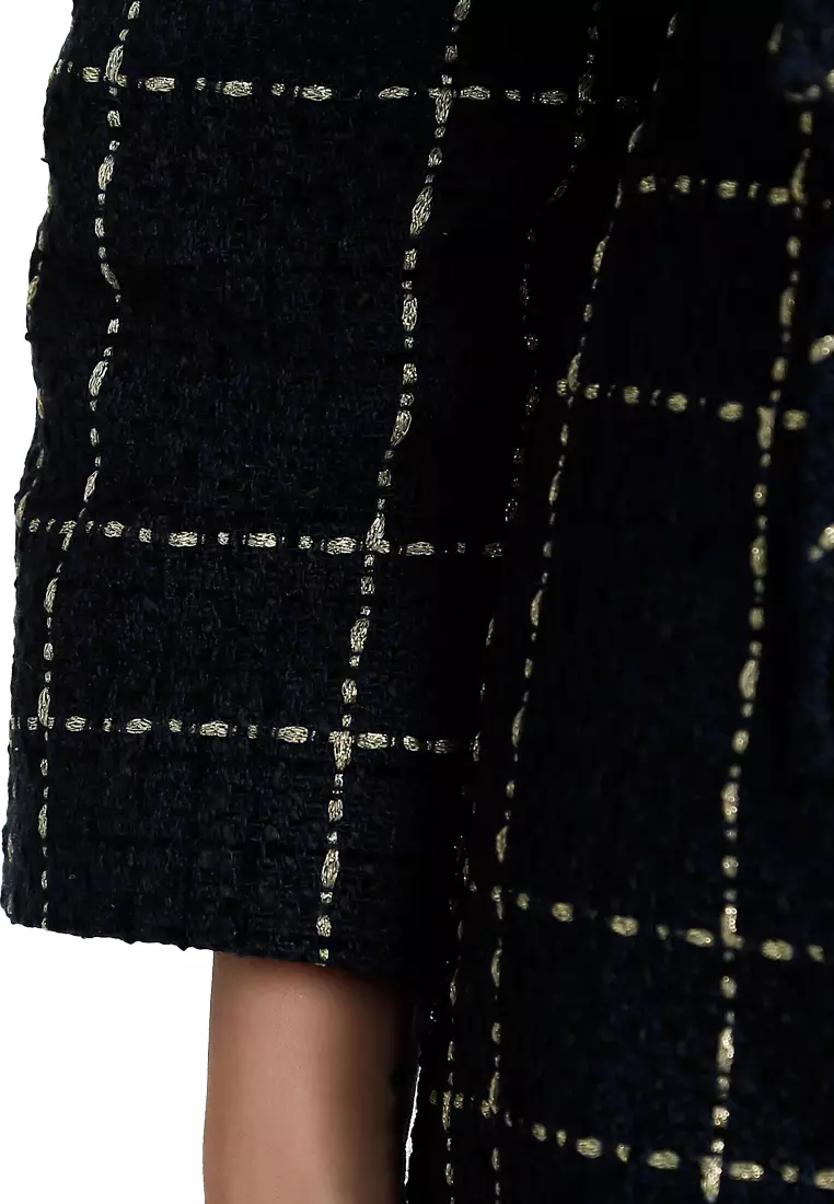 Jaket Kancing Tenun + Kombinasi Gaun Mini Warna Navy