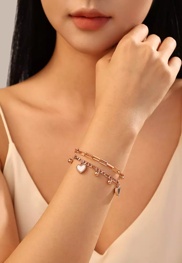 Gelang Wanita Korea Elegan Titanium Anti Pudar Berbentuk Hati Rantai Ganda Cewek Bracelets