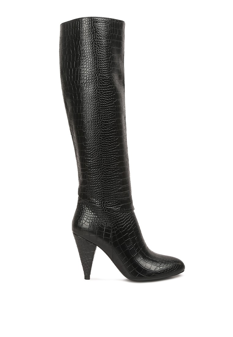 Black Calf Croc Heel Boots