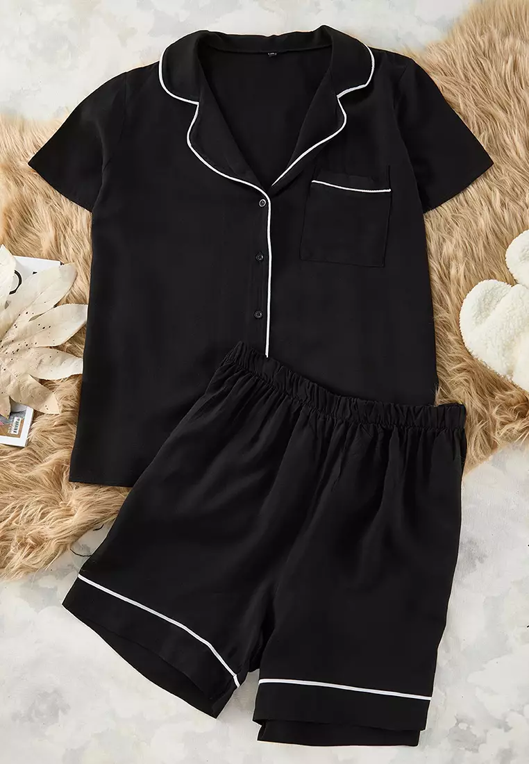 Black Piping Detailed Viscose Woven Pajama Set TBBSS25AI00016