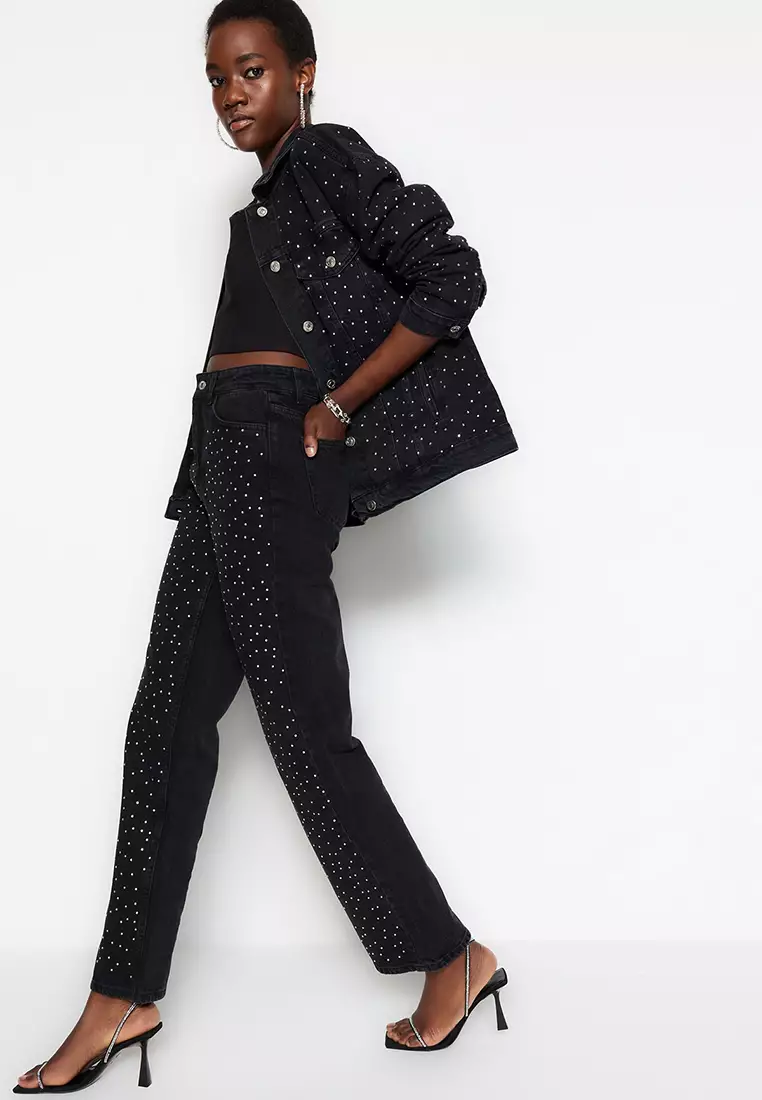 Stones Detail Straight Jeans