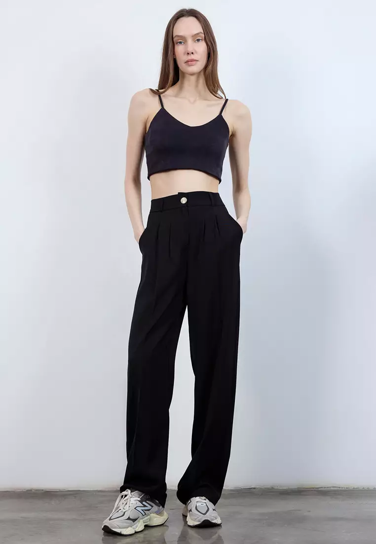 Black High Waist Wide Leg Woven Trousers Twoaw26Pl161