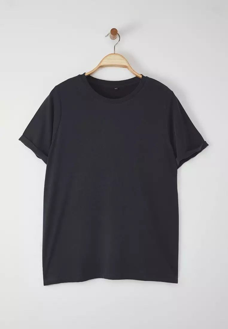 Anthracite Crew Neck Modal Flowy Comfortable Plus Size T-Shirt Tbbss25Bf00054