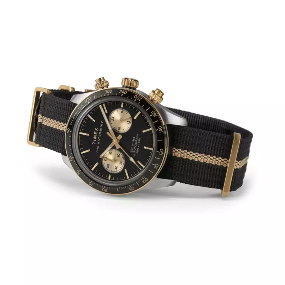 Jam Tangan Pria Timex The Waterbury Heritage Chronograph Black Dial Black Fabric Strap TW2Y35400V5 Original