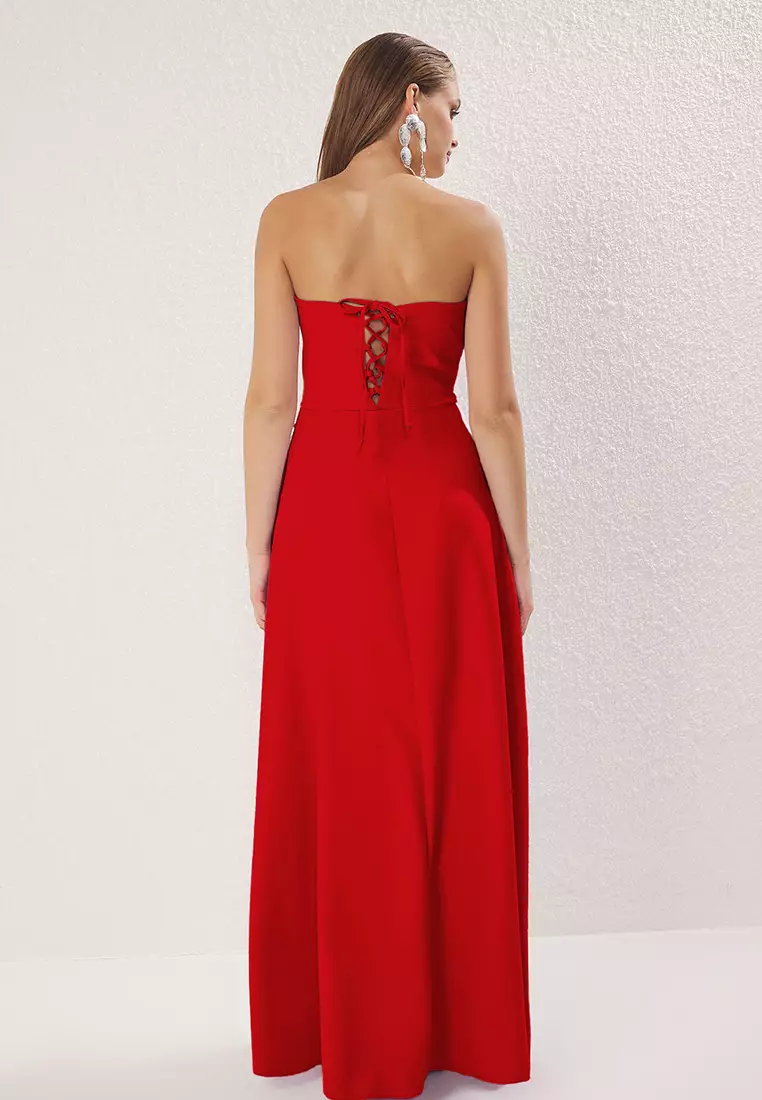 Red Strapless Back Detail Long Stylish Evening Dress