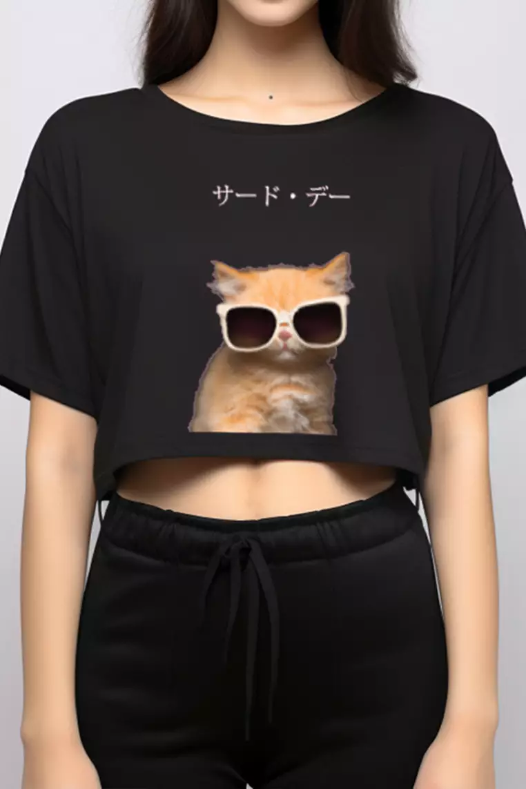 LTE33 crop top OLC oversize kucing berkacamata jepang hitam