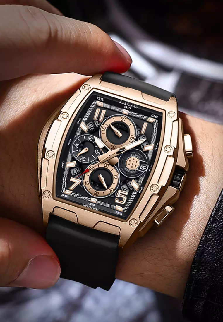 男女通用酒桶形 IP 玫瑰色不鏽鋼石英手錶配橡膠錶帶