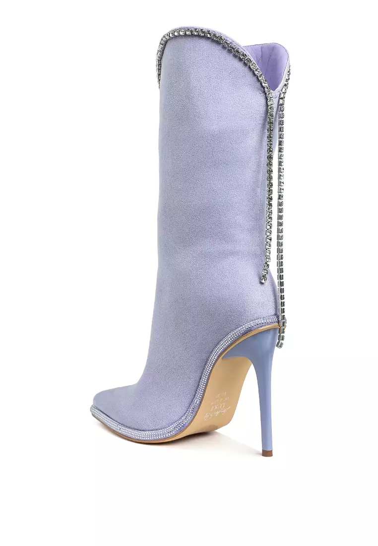 Diamante Chain Detail Calf Boots in Lilac