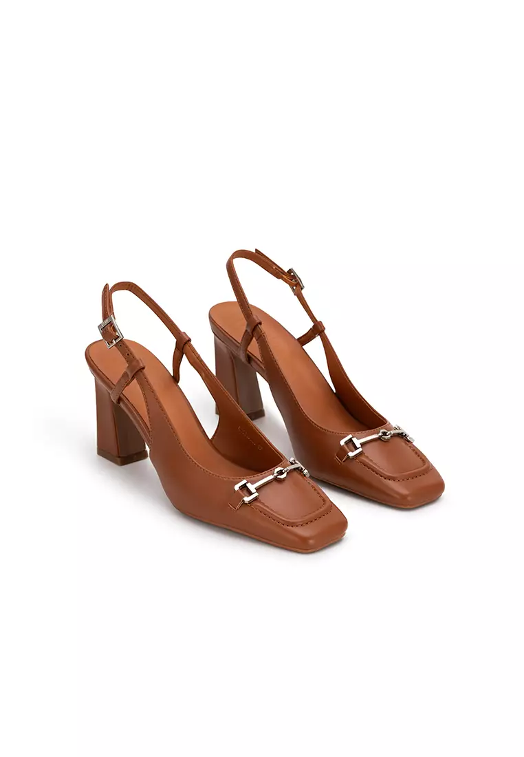 METAL BUCKLE SQUARE TOE SLINGBACK BLOCK HEEL