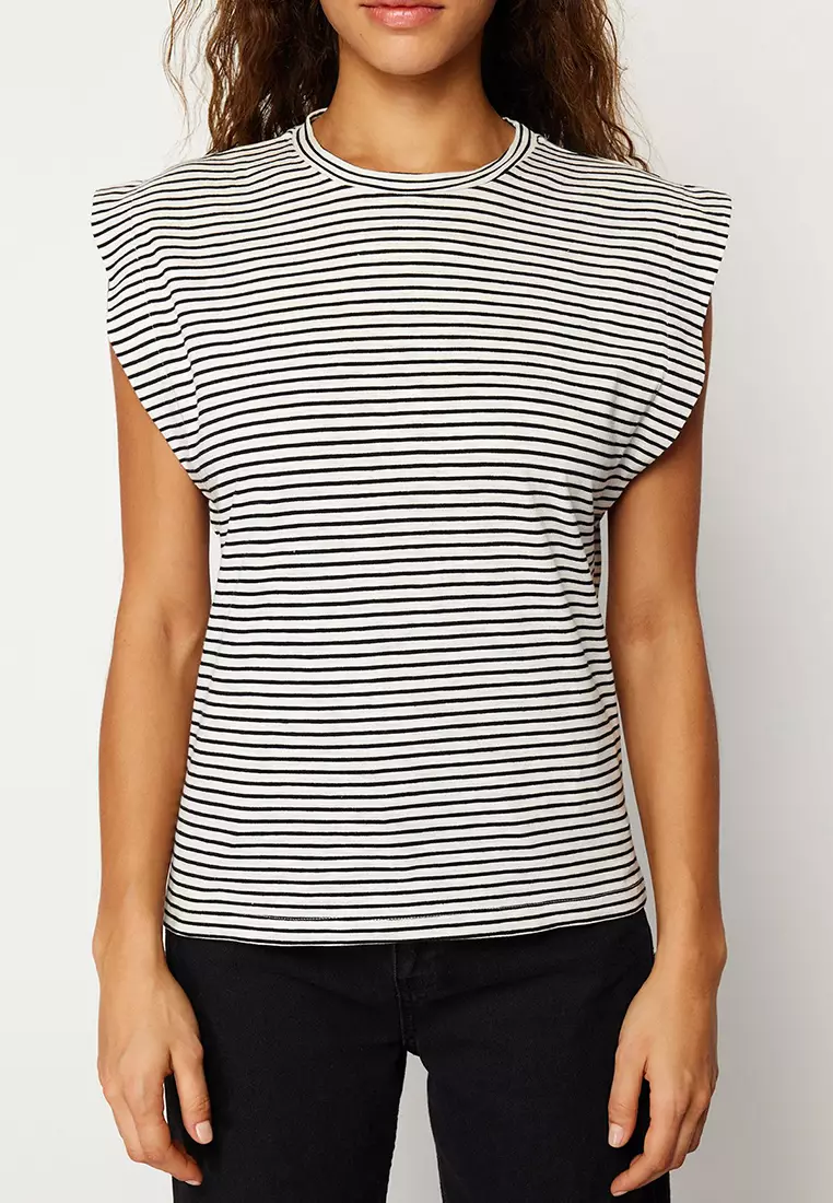 Multi Color 100% Cotton Striped Wadding Look Basic Crew Neck Knitted T-Shirt TWOSS20TS0021