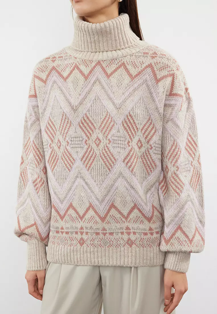 Stone Ethnic Pattern Soft Texture Wide Fit Turtleneck Knitwear Sweater