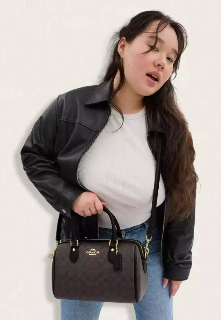 Coach Rowan Satchel Bag In Signature Canvas Walnut Black