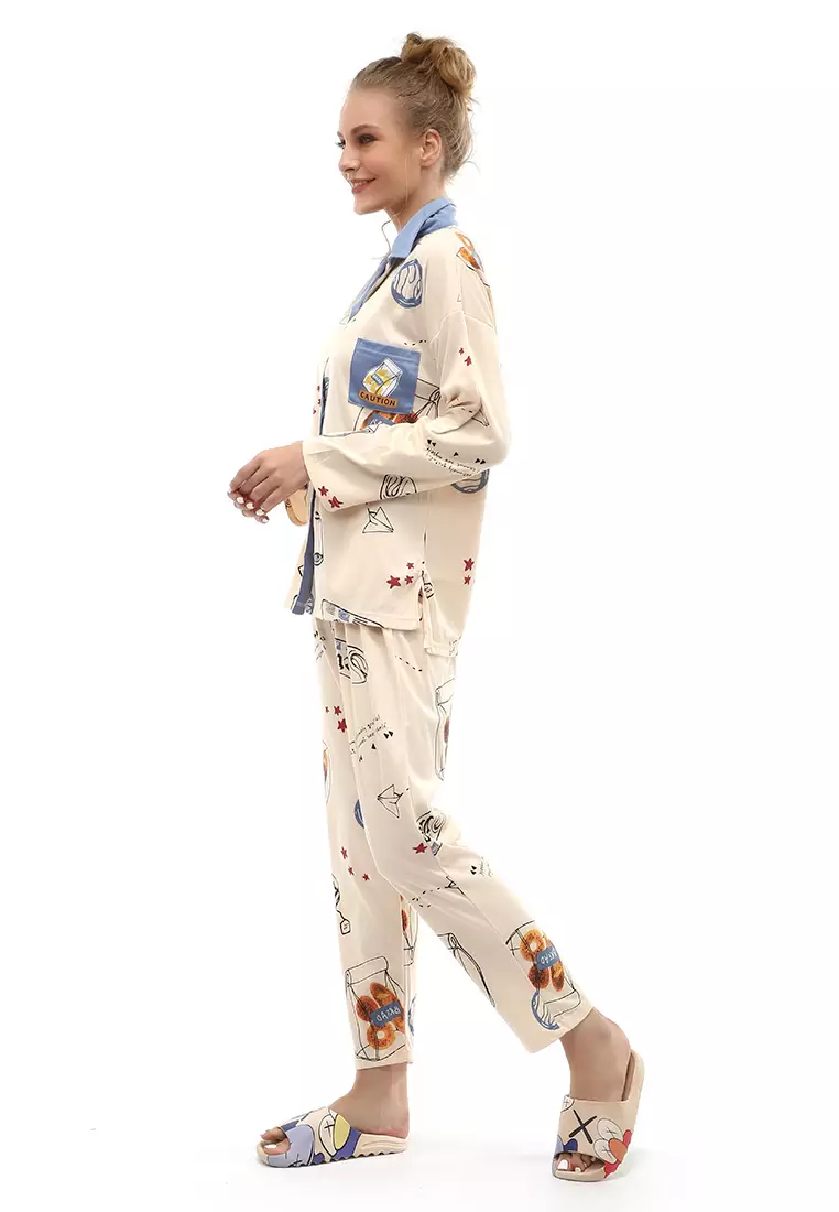 Vance Setelan Piyama Baju Tidur Wanita Lengan Panjang Motif Bear Kra Material Cotton ORIGINAL - Blue