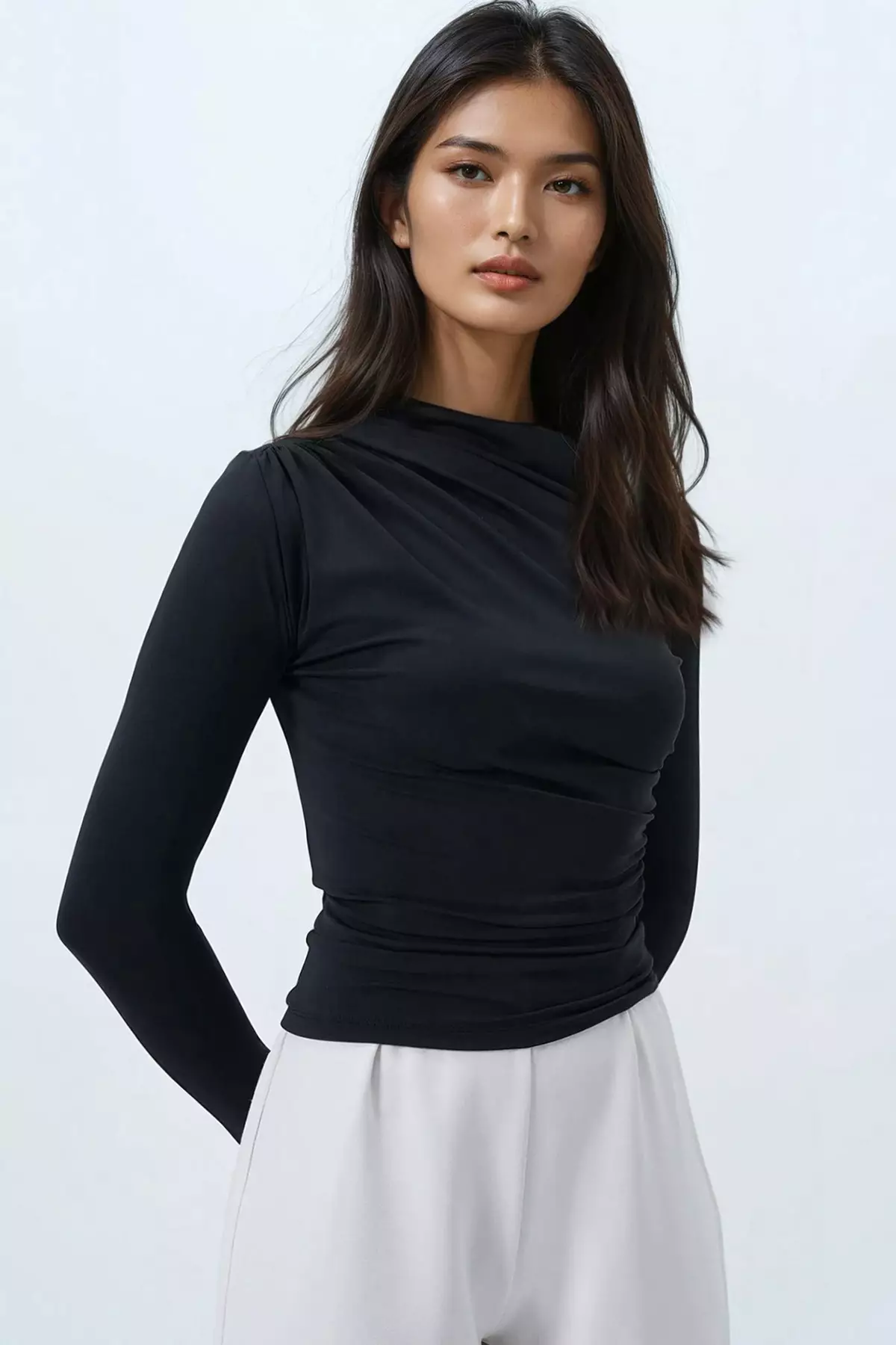 Women's Black Sandy Blouse With Draped Waist And Shoulder Details Alc-X14376