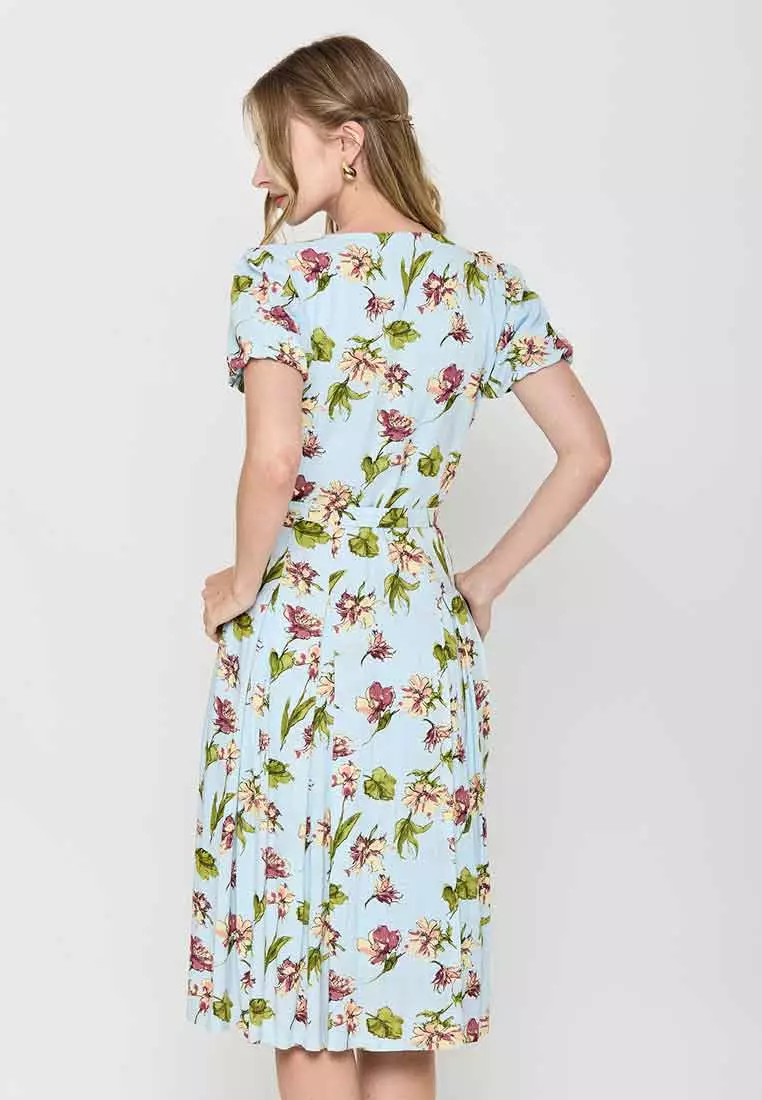 Lira Floral Print Pleated Short-Sleeve Dress