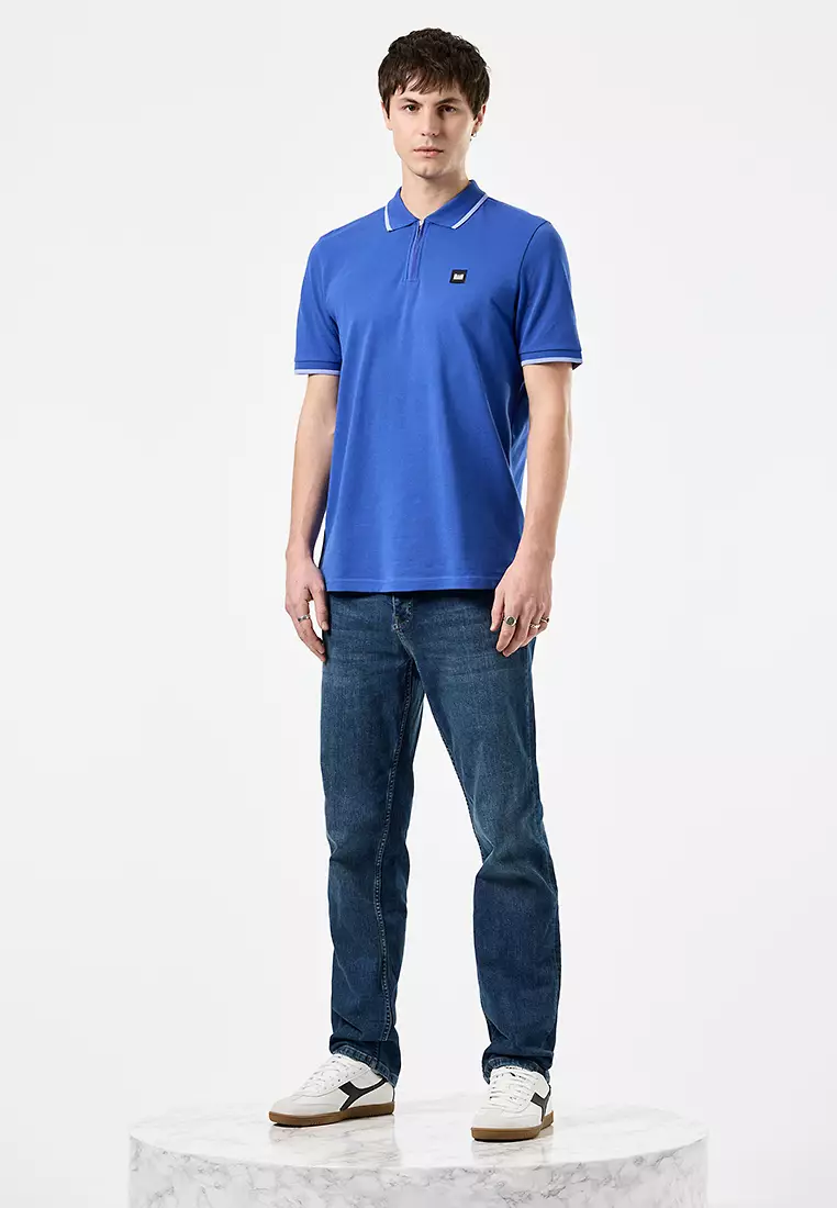 MENS BLUEBELL/CORNFLOWER MONTI ZIP POLO WITH PARACHUTE DETAIL