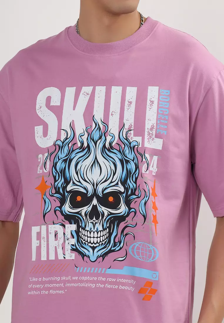骷髅火焰图案薰衣草色棉质宽松T恤/T恤，男女通用运动服，圆领，短袖