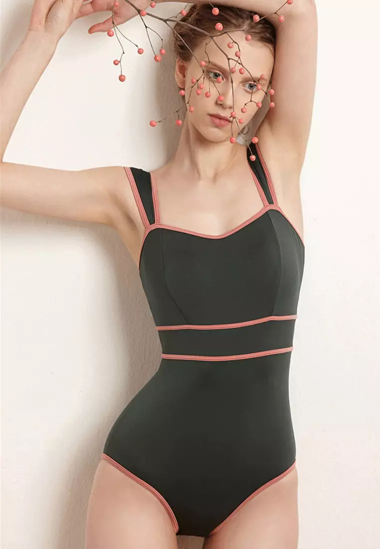 Contrast color slim fit belly-covering triangle swimsuit