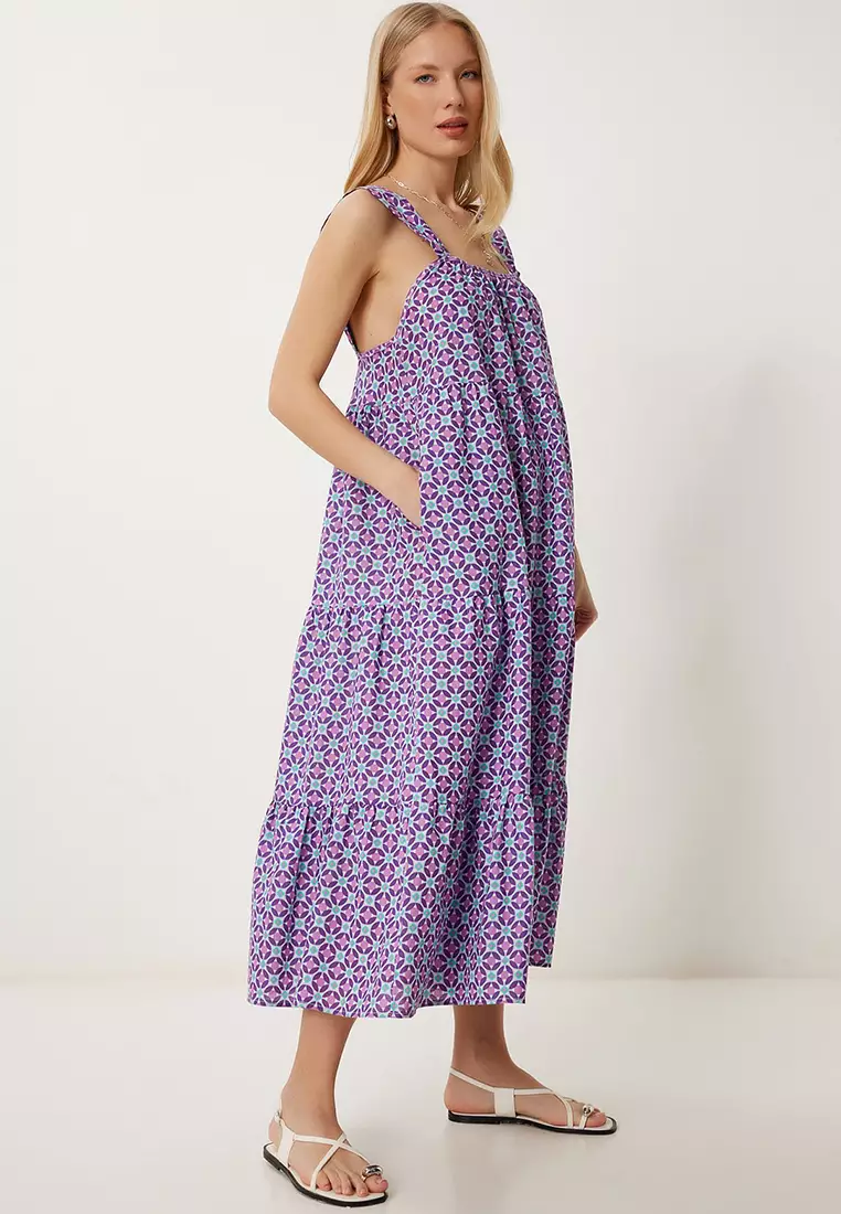 Women's Purple Patterned Flounced Summer Dress Fk00024