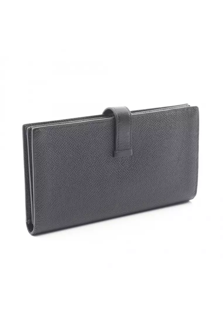 Pre-Loved Hermès bear souffle Bi-fold Long Wallet Veau epsom black black hardware U stamp