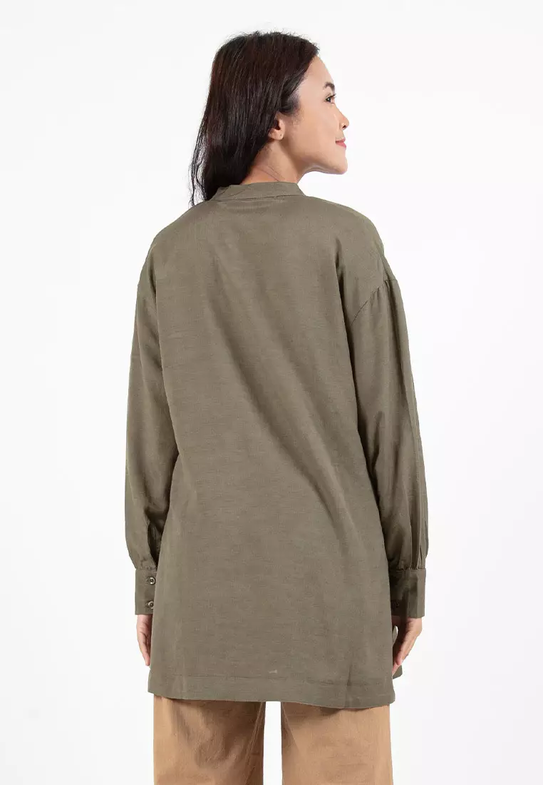 Forest Ladies Linen Oversized Band Collar Plain Blouse Women Long Sleeve Tunic | Baju Perempuan - 822391-48Olive